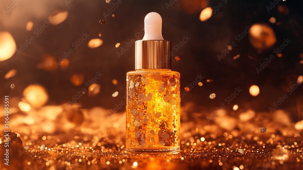 golden serum in glass bottle with golden dropper on dark background