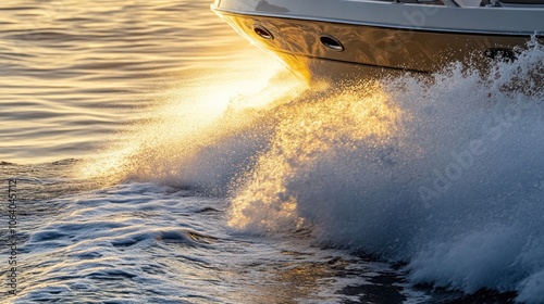 Close up of a boat bow cutting through water with a golden sunrise in the background.