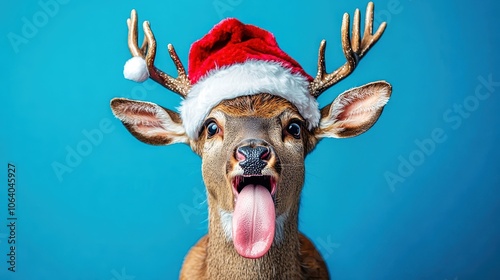 Reindeer wearing santa hat sticking out tongue on blue background