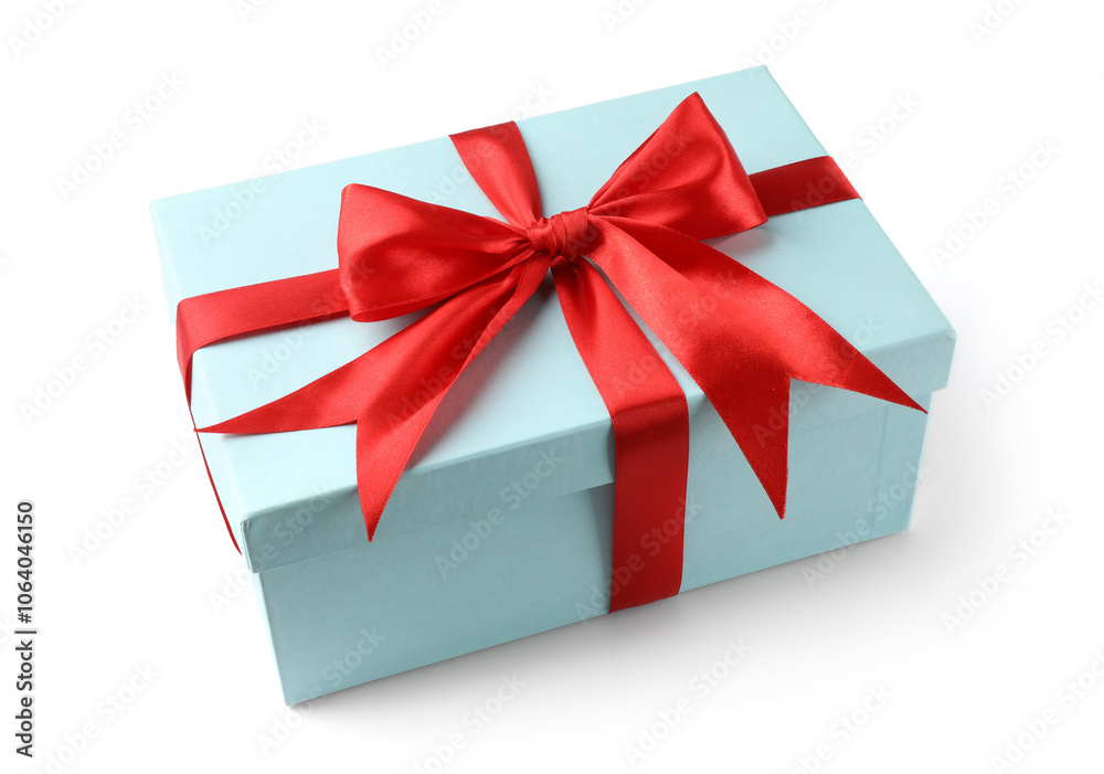 Beautiful gift box with red bow isolated on white Beautiful gift box with red bow isolated on white