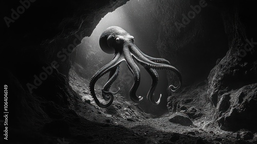 A giant octopus emerges from a dark cave in the ocean, its large eyes staring intently. photo