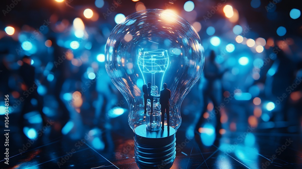 glowing light bulb with miniature figures representing ideas and innovation glowing light bulb with miniature figures representing ideas and innovation