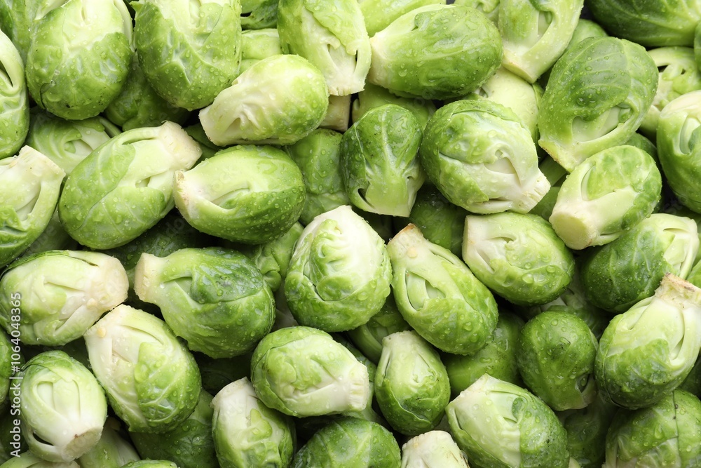 Many fresh Brussels sprouts as background, top view Many fresh Brussels sprouts as background, top view