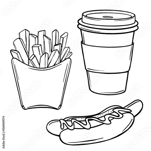 Set Vector illustration of Paper Coffee Cup, French fries and Hot dog sketch. Hand drawn Street Fast Food outline. Menu design template in Black and White style. Decoration for menus, showcases