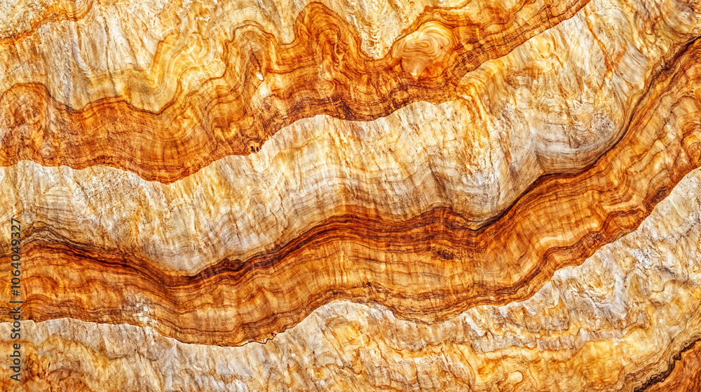 Knotted exotic wood slice, slab of Afzelia burl wood. Wooden abstract background with wavy texture of rich wood.