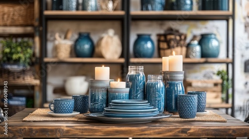 A rustic wooden table with a blue and white ceramic dinner set, candles, and a vase.