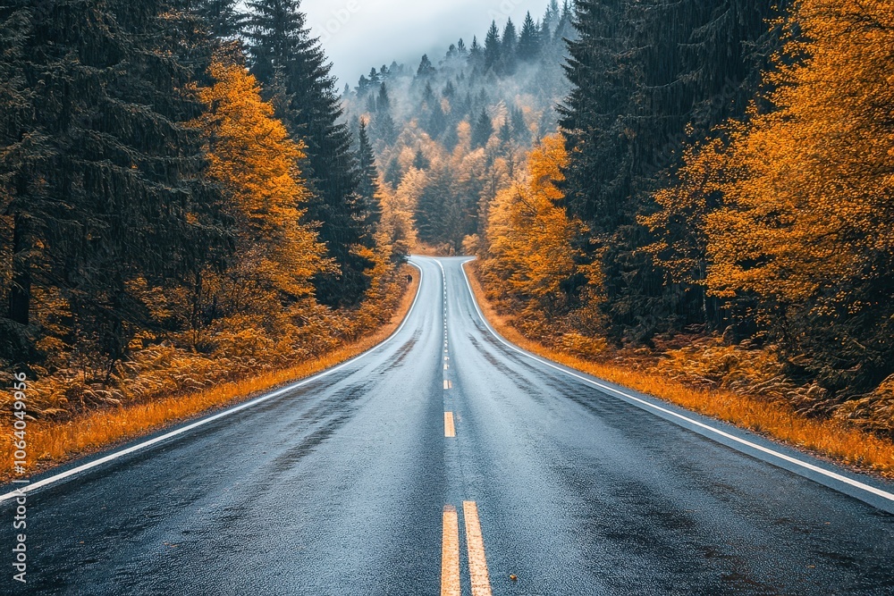 Winding paved road leading into misty autumn forest Winding paved road leading into misty autumn forest