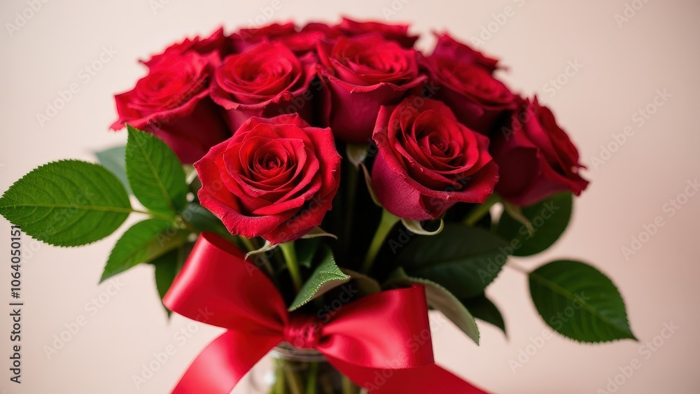 Romantic bouquet or ramo de rosas with fresh red roses, green leaves, and a soft background Romantic bouquet or ramo de rosas with fresh red roses, green leaves, and a soft background