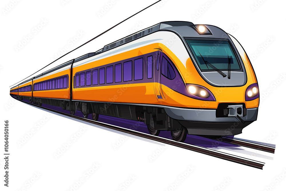 Fototapeta premium Vibrant train travels along purple track. Yellow, purple train colors. White roof, black stripe. Simple, cute, illustration of train in motion. Transport, transportation, railway, locomotive, clip