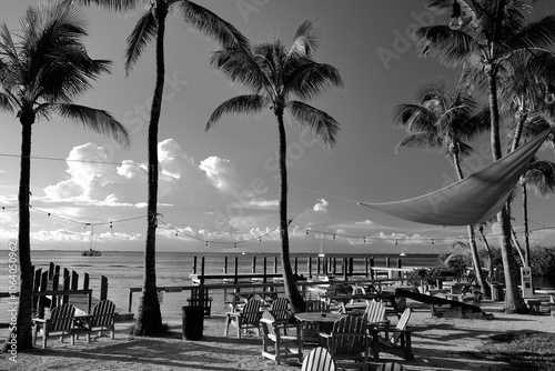 Fototapeta Naklejka Na Ścianę i Meble -  Black and white image of a resort view looking out towards Florida Bay on Key Largo In Florida