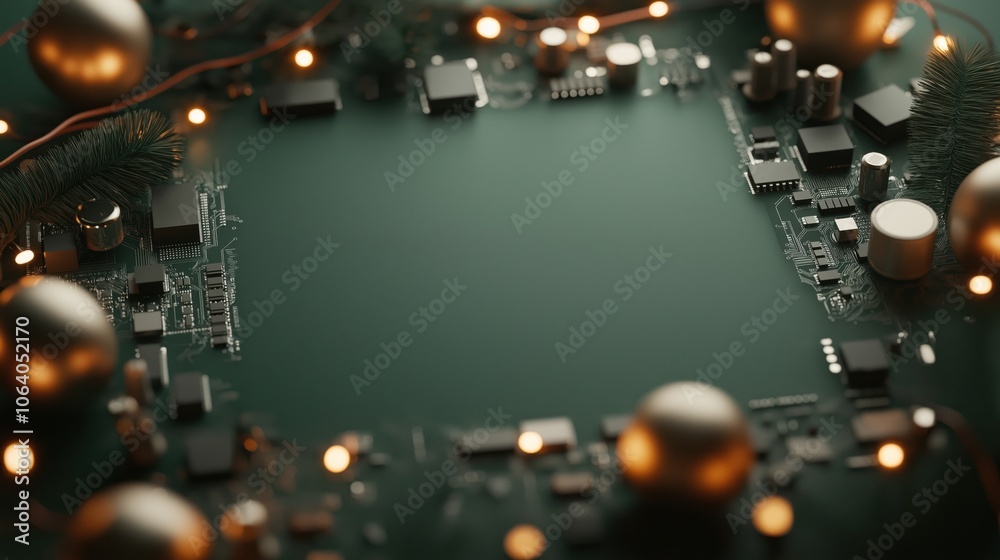Fototapeta premium Festive circuit frame with electronic components and holiday lights for tech-themed designs