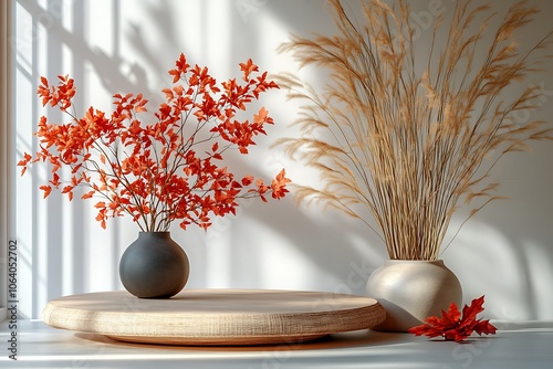 Autumn composition with red leaves and dry pampas grass in vases.