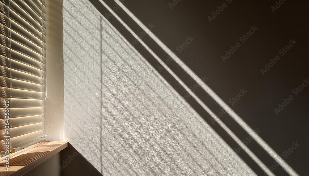 Sunlight streaming through blinds, creating a pattern of shadows on a wall, adding an element of visual interest to the interior