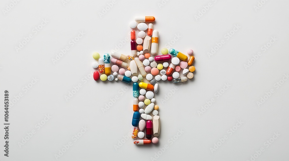 tablets with capsules on white background in the form of a cross tablets with capsules on white background in the form of a cross