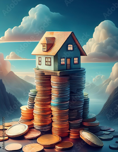 Small house standing on a tall stack of coins representing real estate investment, mortgage, and property value growth