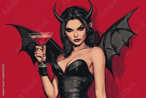 Vintage style illustration of a woman holding a cocktail dressed up as the devil. photo