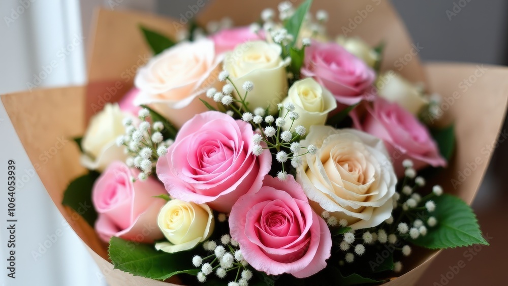 A beautiful ramo de rosas with pink and white roses, baby’s breath, and eucalyptus, wrapped in rustic kraft paper A beautiful ramo de rosas with pink and white roses, baby’s breath, and eucalyptus, wrapped in rustic kraft paper