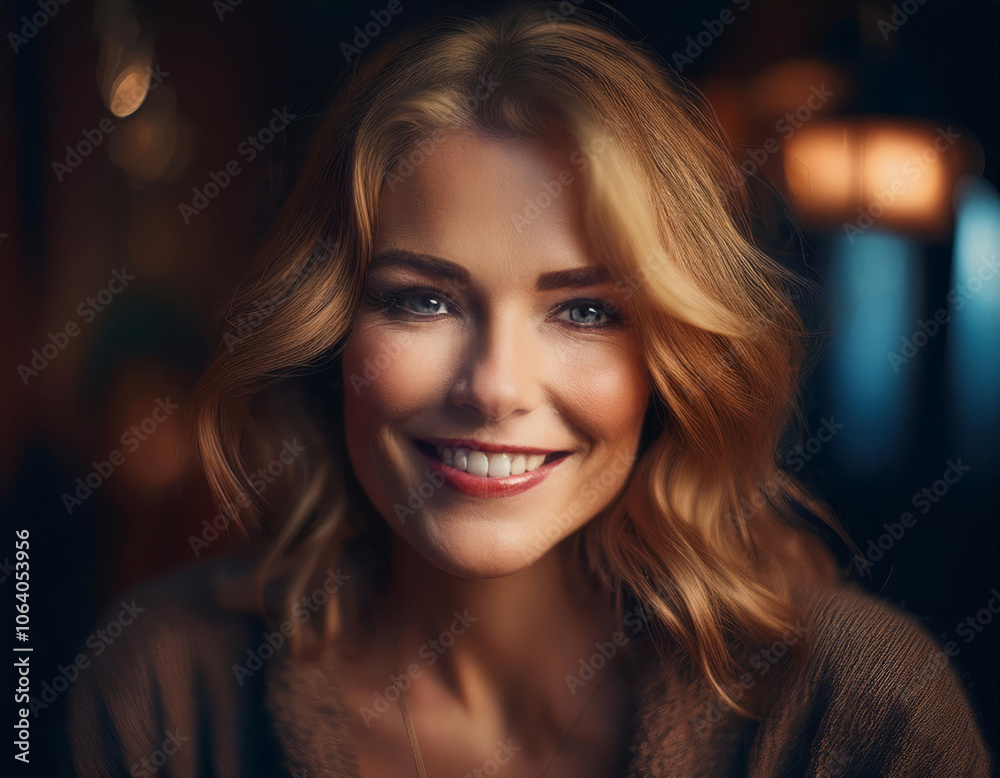 Portrait of smiling young blonde woman with blue eyes and pretty smile