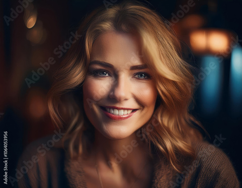 Portrait of smiling young blonde woman with blue eyes and pretty smile