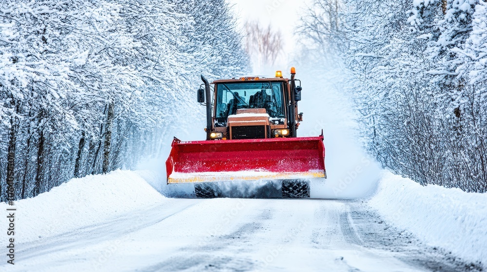 Snowplow truck removing snow from road after snowfall in winter forest