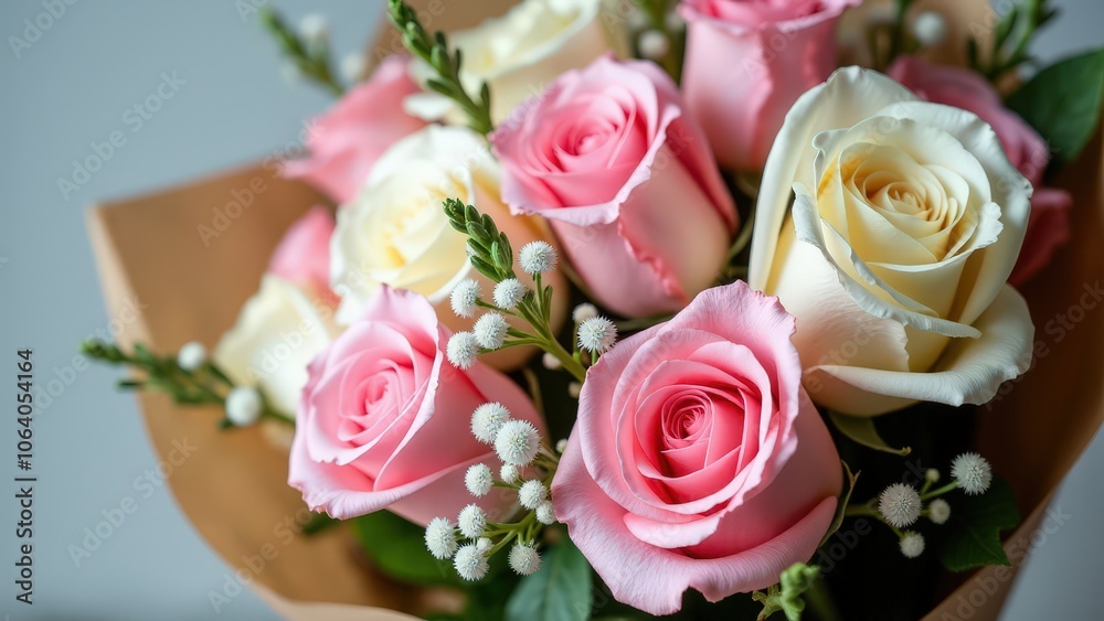 Charming bouquet or ramo de rosas featuring pink and white roses, baby’s breath, and eucalyptus