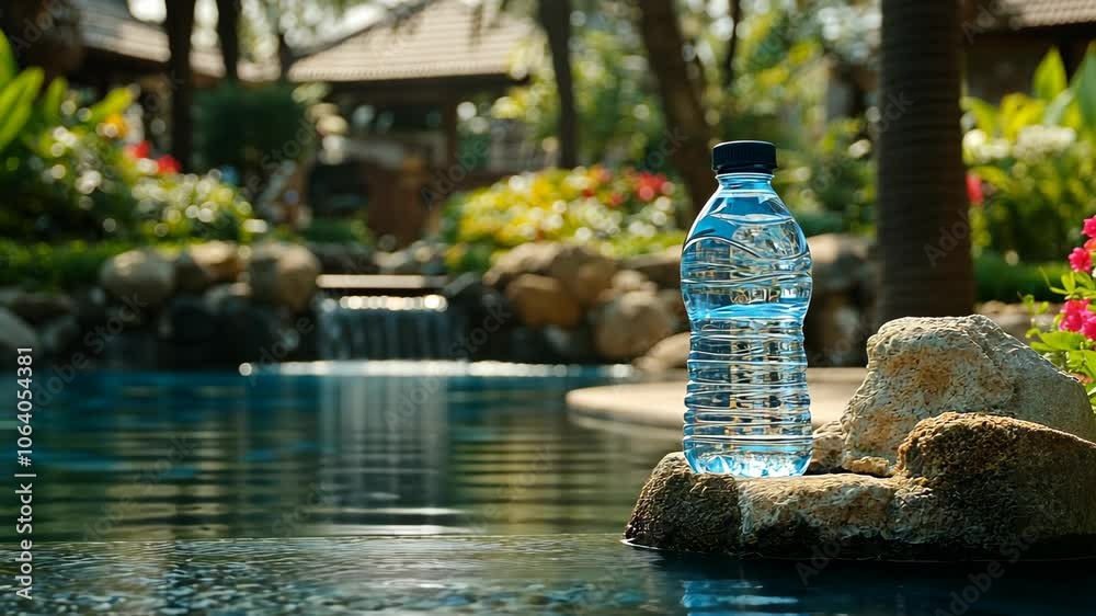 A water bottle sits on a rock near a pool, ready for a refreshing drink after a swim