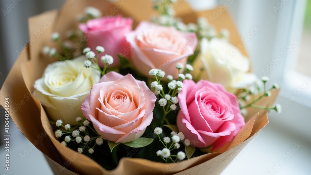 A romantic ramo de rosas with pink and white roses, eucalyptus, and rustic kraft paper for elegance A romantic ramo de rosas with pink and white roses, eucalyptus, and rustic kraft paper for elegance