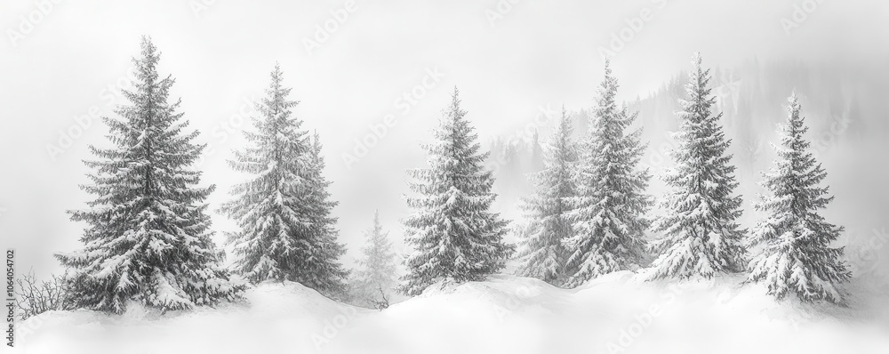 Obraz premium a winter forest with pine trees covered in snow, peaceful holiday scene, watercolor effect, isolated on white background