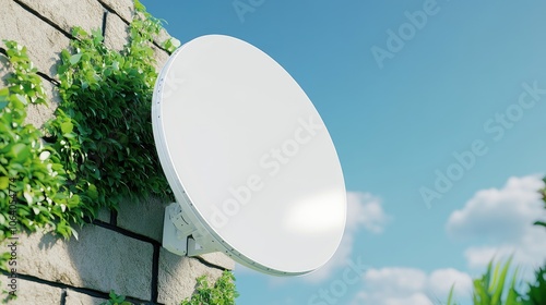 A bright white satellite dish positioned on a brick wall with lush green eaves under a clear blue sky, captured from a low angle