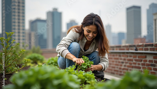 Latina woman managing a rooftop vegetable garden with city skyscrapers in the background, showcasing urban sustainability.