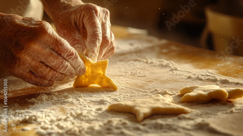 Close-up of elderly hands shaping star-shaped cookie dough on flour-dusted surface in warm lighting. Holiday baking preparation for Christmas or festive treats. Suitable for header, poster, banner. 