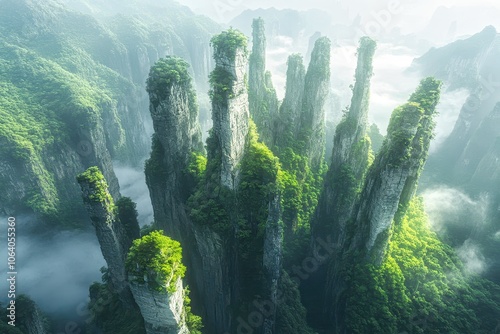 Sandstone pillars rising from lush green valley in zhangjiajie national forest park, china photo