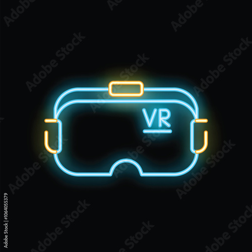 Neon sign depicting a vr headset, glowing brightly against a dark background