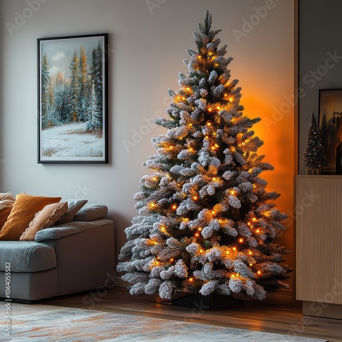 Beautiful flocked christmas tree with warm lights illuminating cozy living room