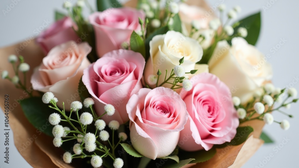 Elegant bouquet or ramo de rosas with pink and white roses, baby’s breath, and rustic kraft paper