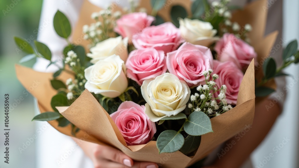 Charming ramo de rosas with pink and white roses, eucalyptus, and hints of baby’s breath wrapped in kraft paper Charming ramo de rosas with pink and white roses, eucalyptus, and hints of baby’s breath wrapped in kraft paper