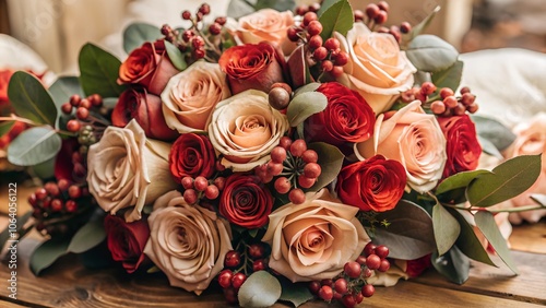 A bouquet of red and pink roses with berries and eucalyptus leaves