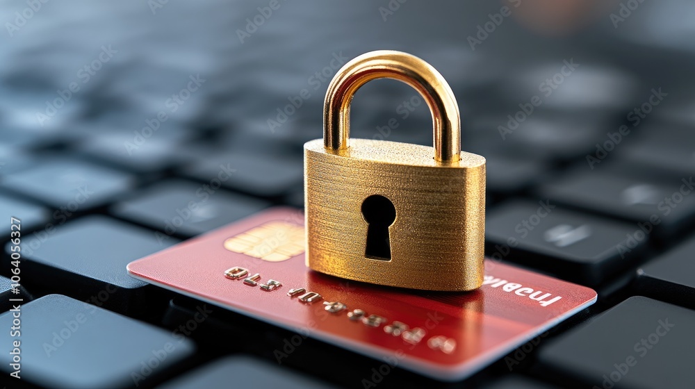 Preserving security with an old padlock on a keyboard alongside a vibrant red credit card in a digital age Preserving security with an old padlock on a keyboard alongside a vibrant red credit card in a digital age
