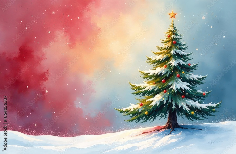 Obraz premium New Year tree close-up against the background of a New Year's winter forest. Winter watercolor landscape. Greeting card