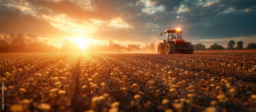 Tractor at Sunset on a Field Tractor at Sunset on a Field