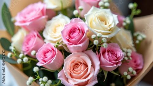 Elegant ramo de rosas with soft pink and white roses, wrapped in rustic kraft paper for a classic look