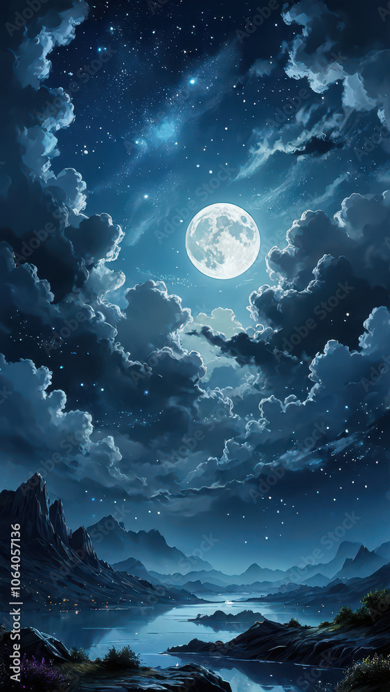 Fototapeta premium Majestic Full Moon Over Tranquil Lake with Starry Sky and Clouds, fantasy phone wallpaper