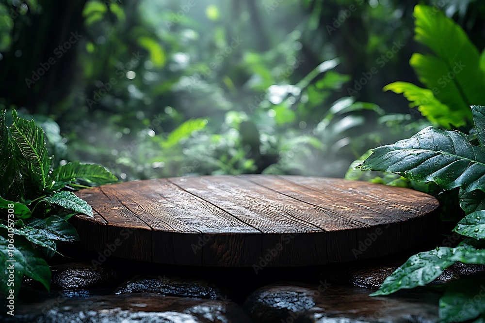 Obraz premium Empty wooden table in a misty tropical rainforest setting.