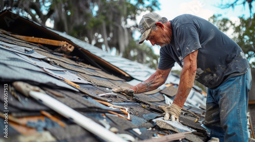 Elderly Caucasian male roofer repairs storm damage on a house roof, focused and meticulous in his work