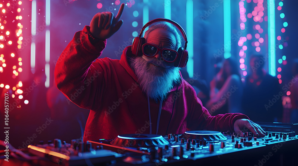Fototapeta premium Santa Claus as DJ at Nightclub Party, Holiday Music Celebration, Festive DJ Performance, Christmas Party Entertainment, Cool Santa with Headphones, Holiday Event Vibes