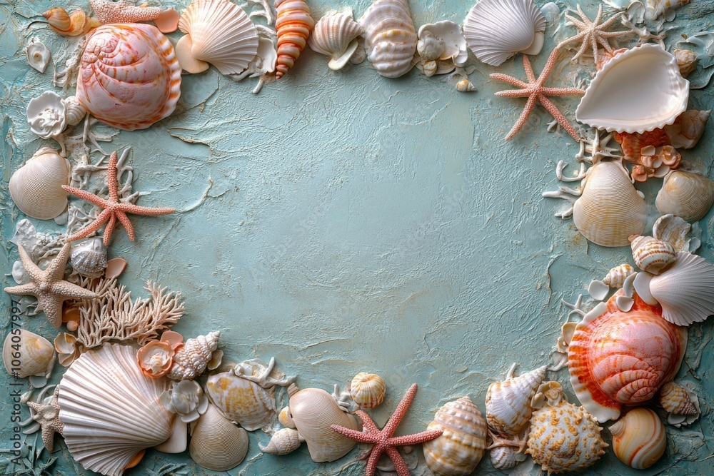 Obraz premium Delicate arrangement of various seashells and starfish on a light blue textured background