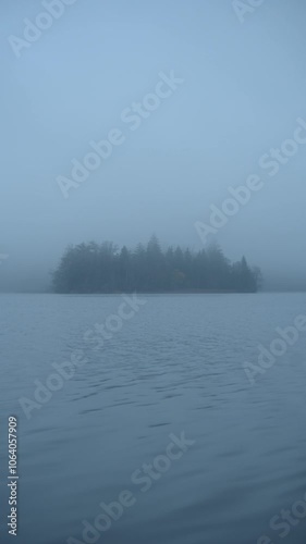 Vertical shot of an island in the middle of a lake in autumn fog