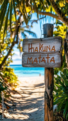 Hakuna matata sign showing on tropical beach with turquoise water photo