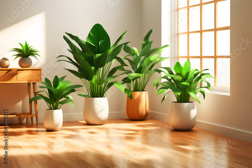 Tropical indoor plants in pots on floor, Generated by ai