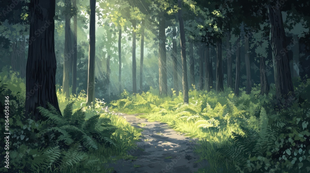 Sunlight streams through the trees of a lush green forest, illuminating a dirt path that winds through the ferns. Sunlight streams through the trees of a lush green forest, illuminating a dirt path that winds through the ferns.